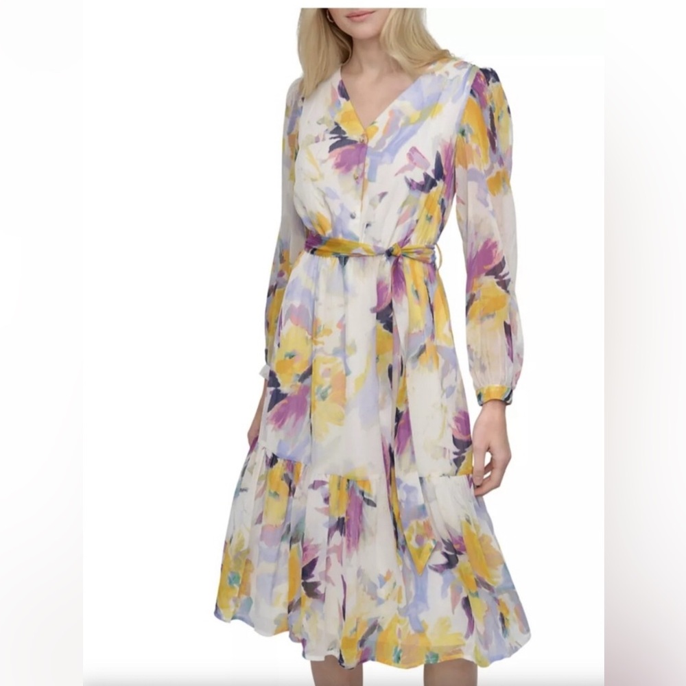 Dkny Long Sleeve Sunshine multi‎ Watercolor motif midi Dress Size 10 brand new